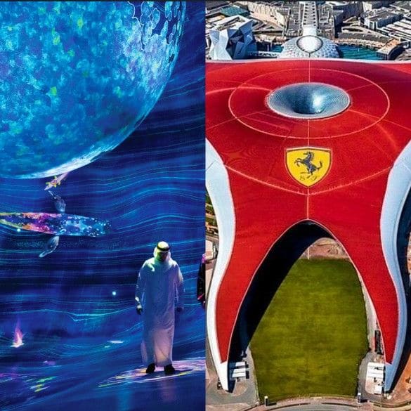 Left: visitor standing beneath large glowing blue digital sphere in immersive art installation. Right: aerial view of Ferrari